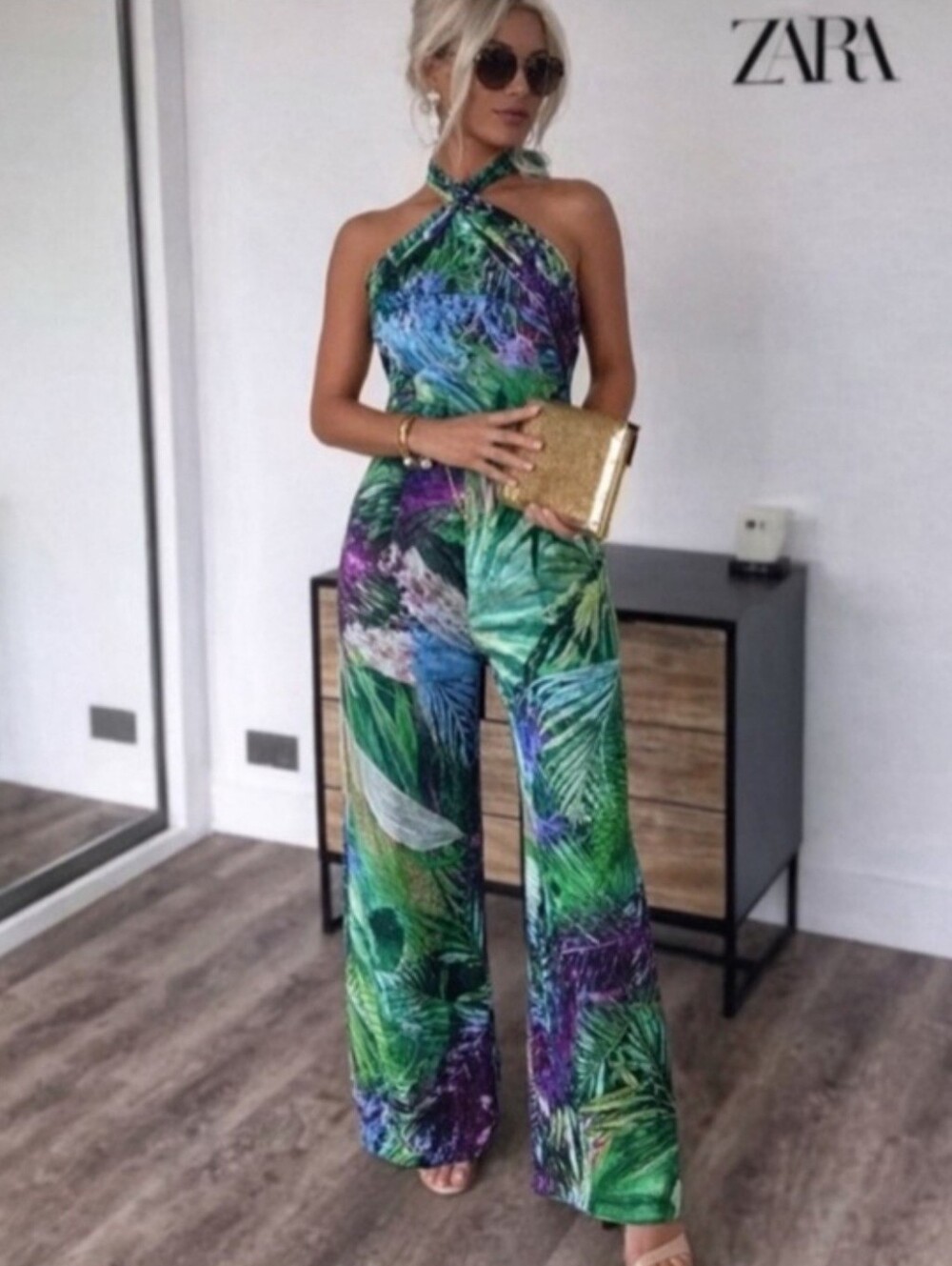 Brand New Zara Green & Purple Tropical Halter Wide-Leg Jumpsuit
